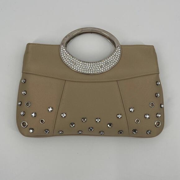 Kate Landry Rhinestones Cocktail Tan Purse Clutch Handle Grommets Strap Retro - Picture 14 of 14